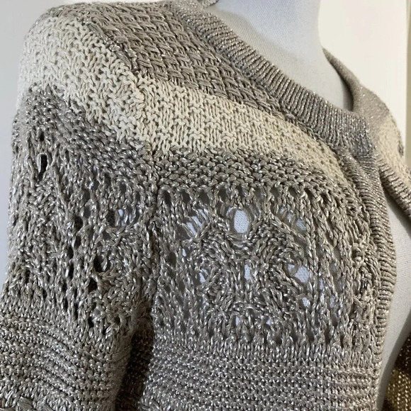 Chicos Metallic Silver And Tan Striped Chunky Sweater Shrug Size 0 Cotton Blend - Picture 6 of 8